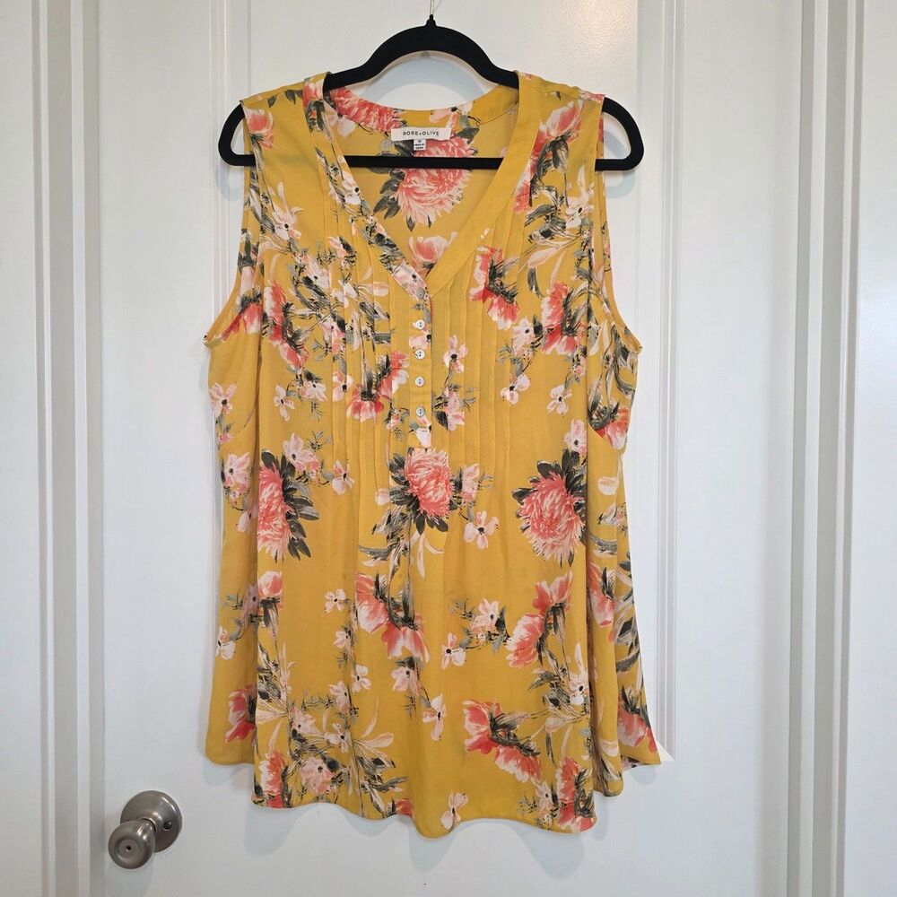 Rose & Olive Floral Sleeveless Top 1X Boho Flowy Office Career Business Casual